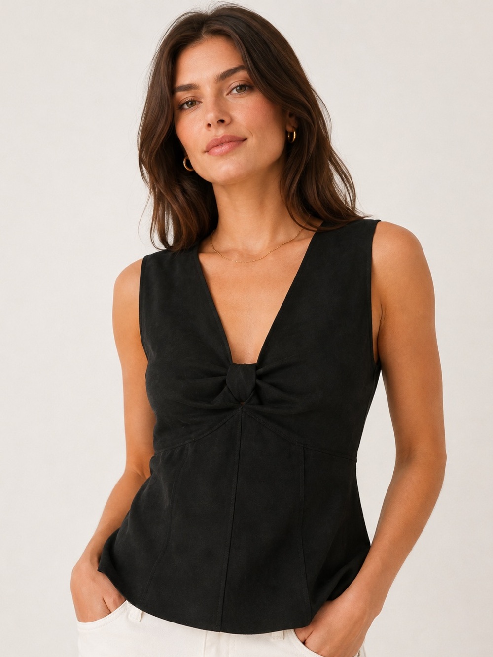 Bailey 44 Black Twist Knot Sleeveless V-Neck Brush Suede Crop Tank Top Size XS